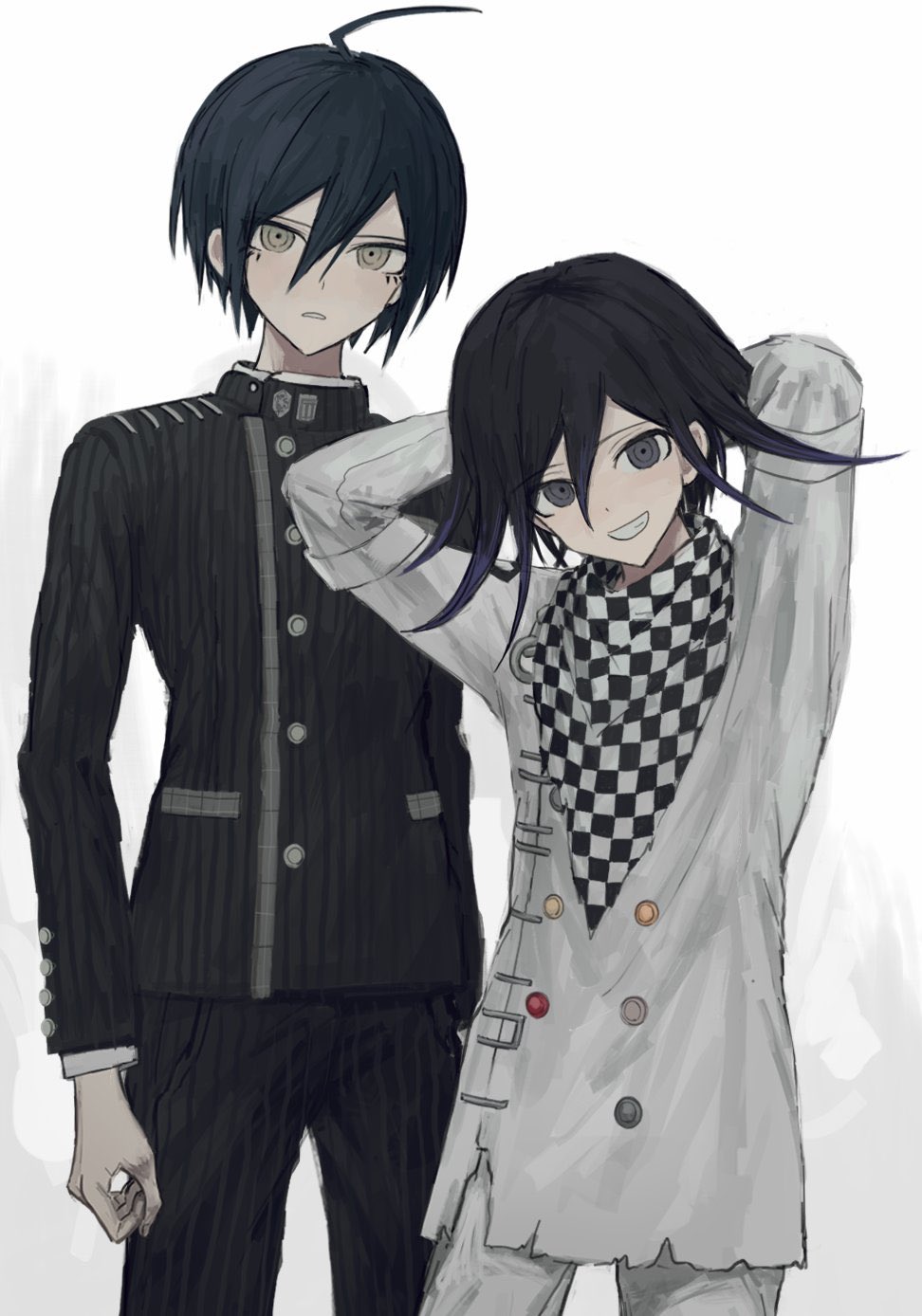 2boys ahoge bangs black_hair black_jacket black_pants buttons checkered checkered_scarf commentary_request cowboy_shot dangan_ronpa_(series) dangan_ronpa_v3:_killing_harmony double-breasted grey_background grey_jacket hair_between_eyes highres iumi_urura jacket long_sleeves looking_at_viewer male_focus multiple_boys ouma_kokichi pants saihara_shuuichi scarf short_hair simple_background standing striped striped_jacket striped_pants violet_eyes