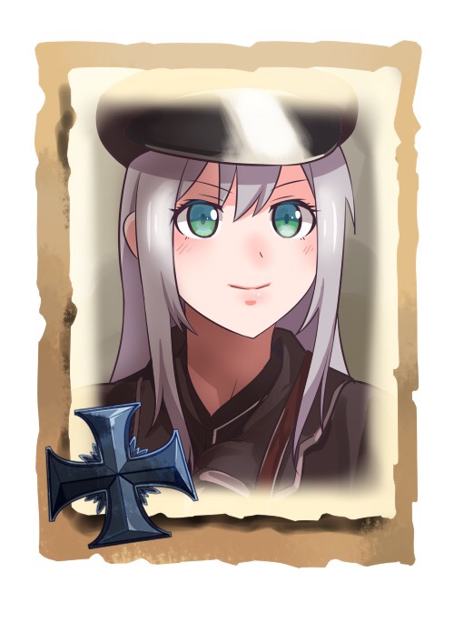 1girl bangs closed_mouth company_of_heroes german_army green_eyes hair_between_eyes hat long_hair military military_hat military_uniform original portrait purple_hair smile solo uniform v-shaped_eyebrows world_war_ii zhainan_s-jun