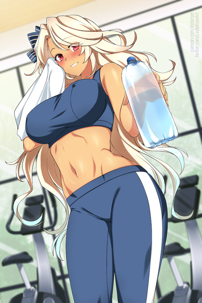 1girl azur_lane blonde_hair blue_pants blue_sports_bra blush bottle bow breasts brooklyn_(azur_lane) covered_nipples eyebrows_visible_through_hair eyes_visible_through_hair gym hair_bow holding holding_bottle holding_towel large_breasts lindaroze long_hair looking_at_viewer navel pants red_eyes solo sports_bra sportswear stomach sweat tan tight tight_pants towel water_bottle wiping_face yoga_pants