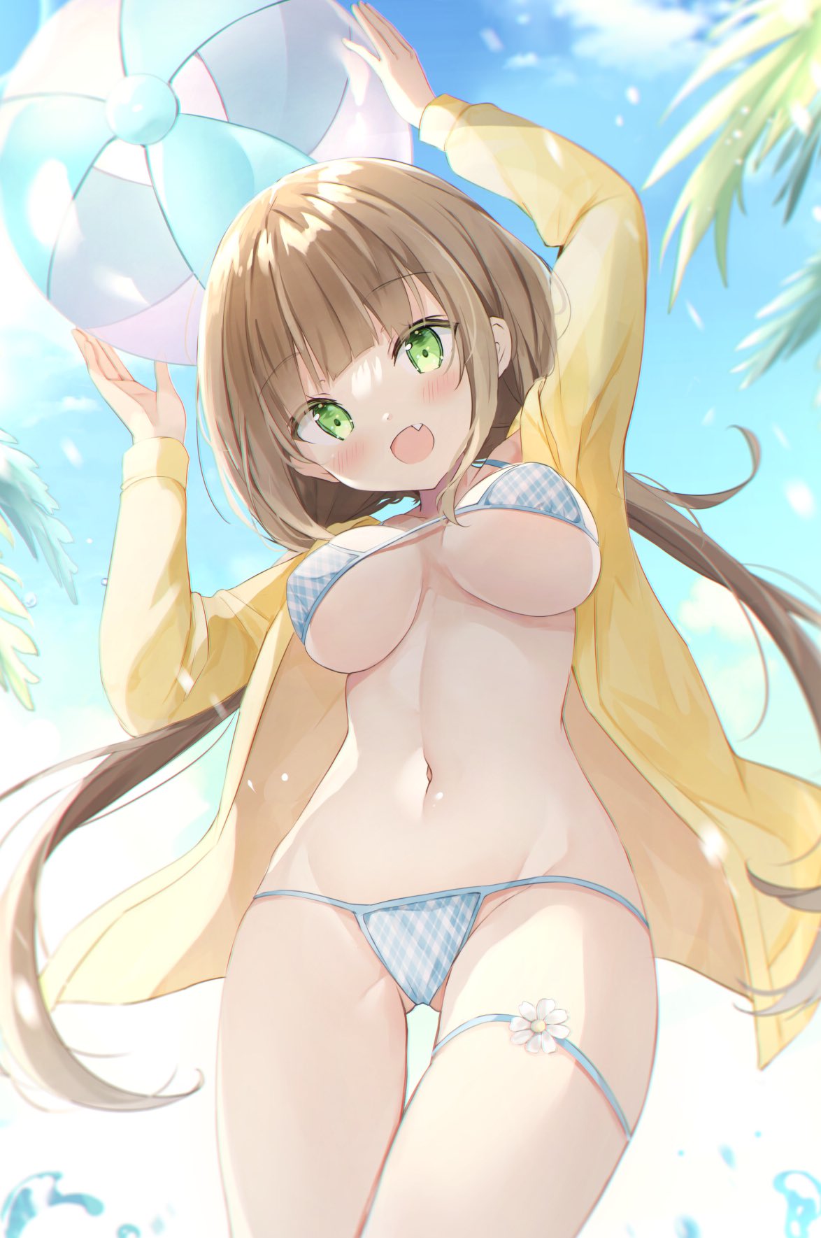 1girl :d ass_visible_through_thighs ball bangs beachball bikini blue_bikini blurry blurry_background blush breasts brown_hair commentary_request day depth_of_field eyebrows_visible_through_hair fang flower from_below green_eyes groin highres holding holding_ball jacket large_breasts looking_at_viewer looking_down low_twintails navel open_clothes open_jacket open_mouth original outdoors plaid plaid_bikini saeki_sora smile solo swimsuit thigh_gap twintails water white_flower yellow_jacket