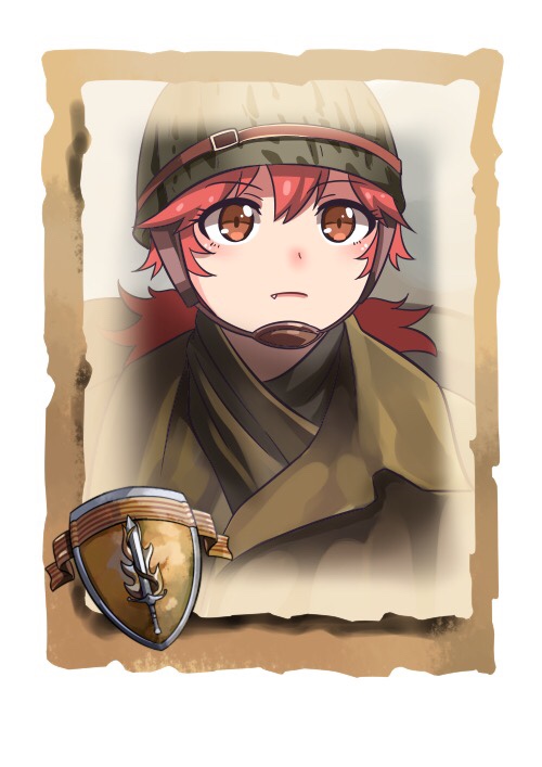 1girl bangs camouflage camouflage_helmet closed_mouth company_of_heroes fang hair_between_eyes hair_ornament hat helmet long_hair military military_hat military_jacket military_uniform orange_eyes original ponytail portrait redhead solo uniform united_states_army world_war_ii zhainan_s-jun