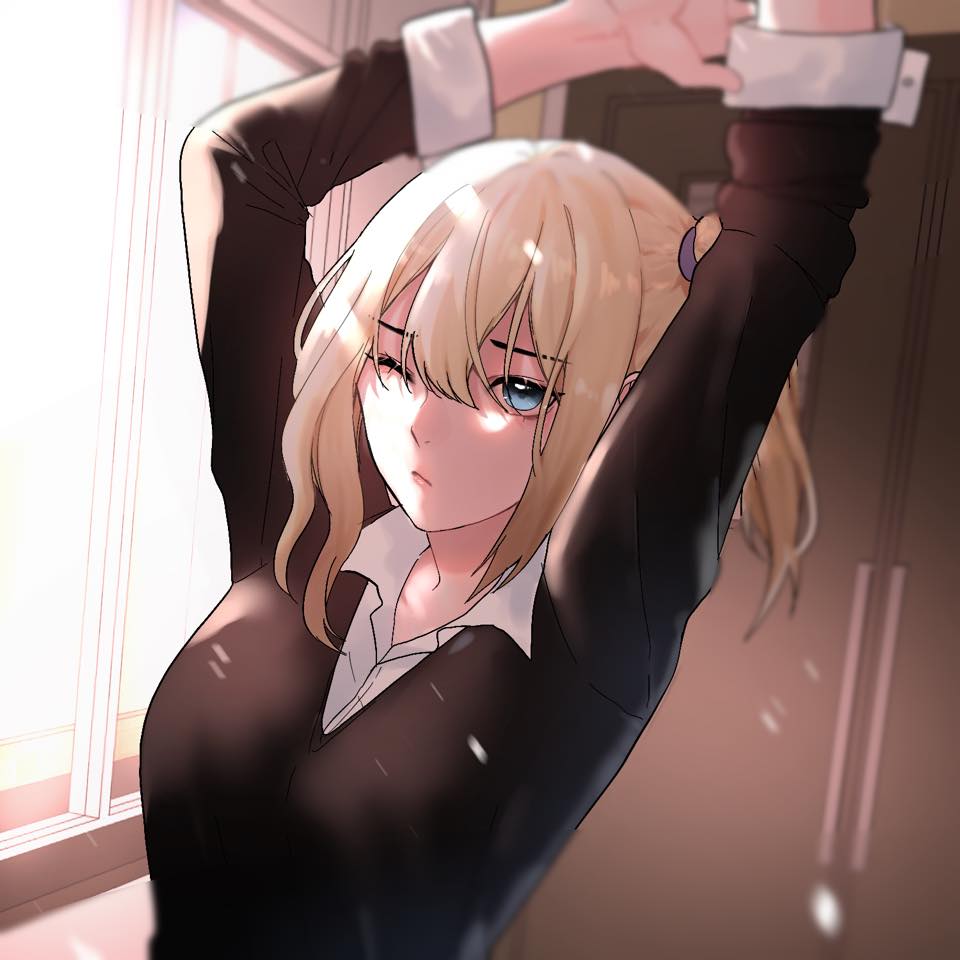 1girl arms_up blonde_hair blue_eyes cardigan classroom clip_studio_paint_(medium) closet day hayasaka_ai hievasp indoors kaguya-sama_wa_kokurasetai_~tensai-tachi_no_renai_zunousen~ long_hair looking_at_viewer one_eye_closed school_uniform scrunchie side_ponytail sidelocks solo stretch upper_body window