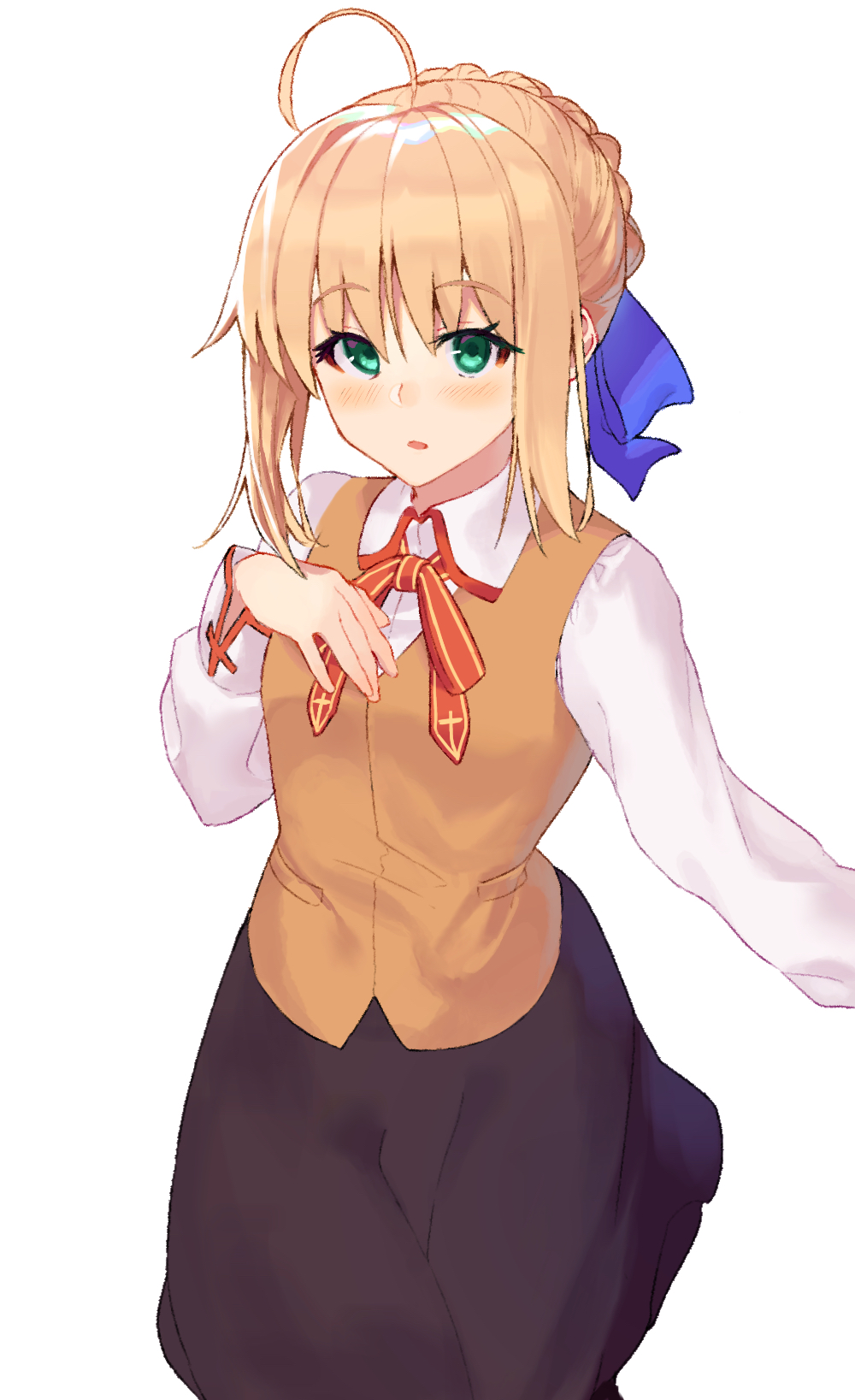 1girl ahoge alternate_costume artoria_pendragon_(all) black_skirt blonde_hair blue_ribbon blush braid chip_le_cree fate_(series) french_braid green_eyes hand_on_own_chest highres homurahara_academy_uniform looking_at_viewer neck_ribbon outstretched_arm ribbon saber shirt skirt solo torn_vest white_shirt whitey