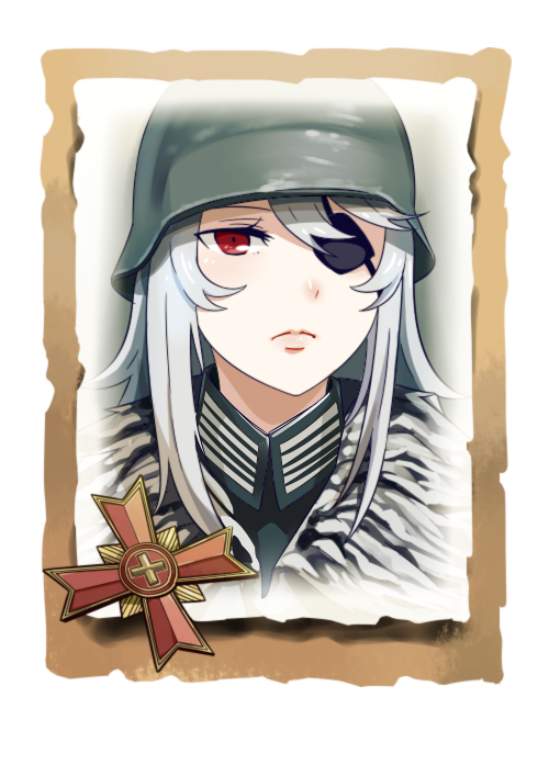 1girl bangs closed_mouth coat company_of_heroes eyepatch fur-trimmed_coat fur_trim german_army hair_between_eyes hat helmet lips long_hair military military_coat military_hat military_uniform original portrait red_eyes solo uniform white_hair world_war_ii zhainan_s-jun