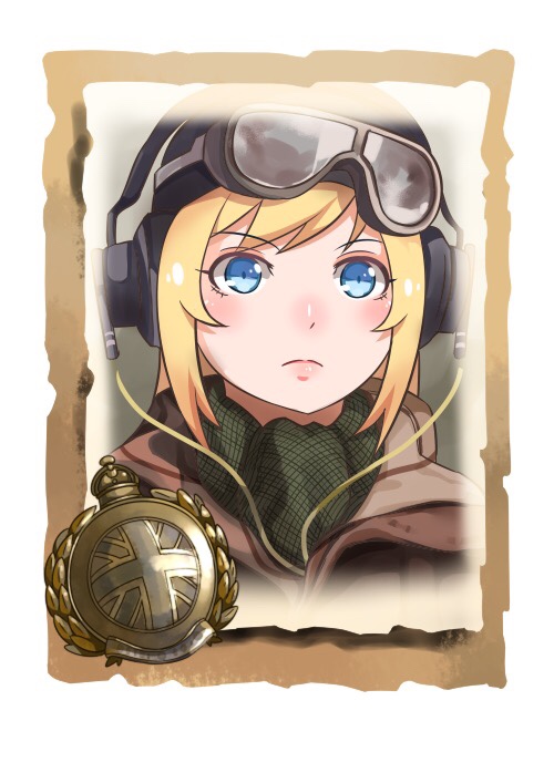 1girl bangs blonde_hair blue_eyes british_air_force closed_mouth company_of_heroes goggles goggles_on_head hair_between_eyes hat headset military military_coat military_hat military_uniform original pilot pilot_helmet pilot_suit portrait scarf solo uniform world_war_ii zhainan_s-jun