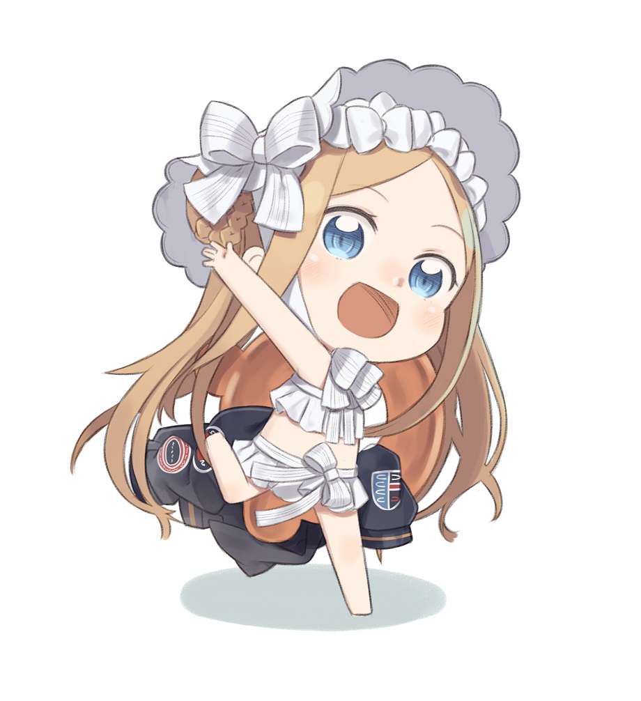 1girl :d abigail_williams_(fate) abigail_williams_(swimsuit_foreigner)_(fate) arm_up bare_arms bare_shoulders barefoot bikini black_jacket blonde_hair blue_eyes bonnet bow chibi fate/grand_order fate_(series) hair_bun innertube jacket long_hair open_mouth outstretched_arm side_bun smile solo standing standing_on_one_leg striped striped_bow swimsuit totatokeke twintails very_long_hair white_bikini white_bow white_headwear