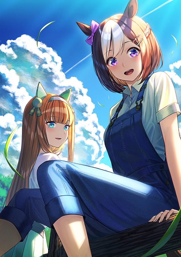 2girls :d animal_ears blue_eyes blush bow brown_hair buttons clouds cloudy_sky collared_shirt day ear_bow green_skirt hair_ornament hairclip horse_ears horse_girl long_hair multicolored_hair multiple_girls open_mouth orange_hair overalls pleated_skirt purple_bow shirt short_hair short_sleeves silence_suzuka_(umamusume) skirt sky smile special_week_(umamusume) streaked_hair umamusume unowen violet_eyes white_hair white_shirt