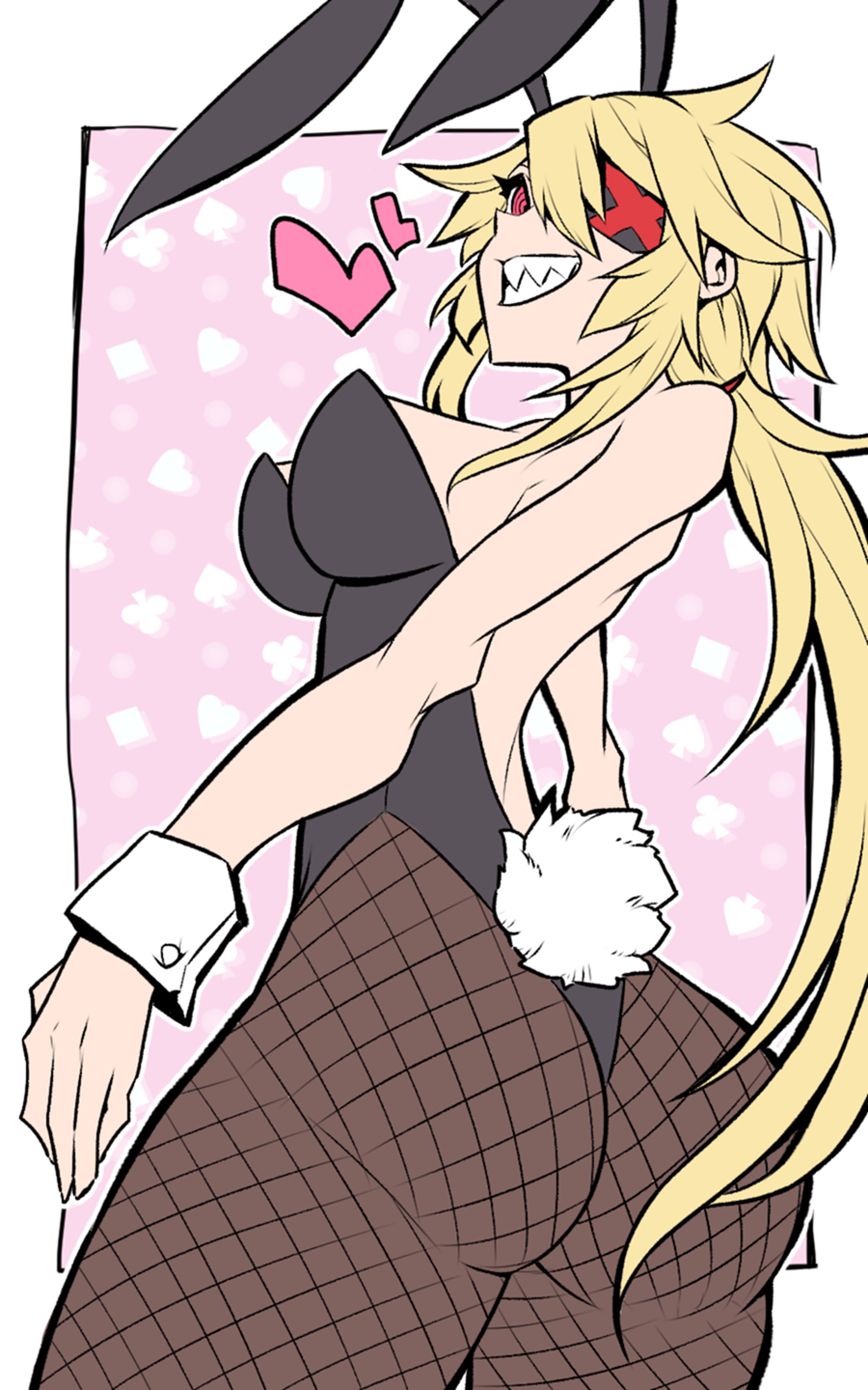 1girl animal_ears black_general black_leotard blonde_hair breasts bunny_day commentary_request eyepatch fake_animal_ears fake_tail fishnet_legwear fishnets floating_heart from_behind heart highres jin_(mugenjin) large_breasts leotard long_hair looking_at_viewer playboy_bunny rabbit_ears rabbit_tail solo spiky_hair strapless strapless_leotard tail violet_eyes wrist_cuffs zannen_onna-kanbu_black_general-san