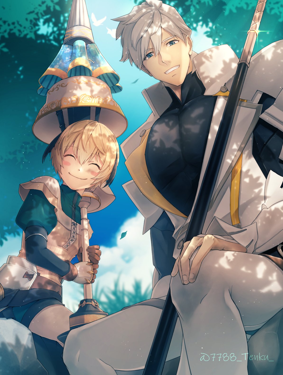 1boy 1girl artist_request bird blonde_hair blue_eyes blue_sky blush_stickers brown_gloves closed_eyes clouds fate/grand_order fate_(series) gareth_(fate) gloves hair_flaps highres lance over_shoulder pants pectorals percival_(fate) polearm shorts sitting sky smile spear tree twitter_username weapon weapon_over_shoulder white_hair white_pants