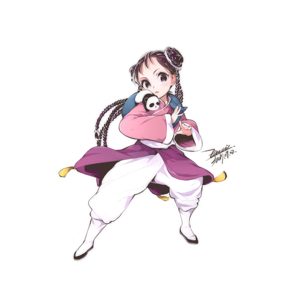 1girl black_hair chinese_clothes closed_mouth dated double_bun ejami fullmetal_alchemist long_hair looking_at_viewer may_chang panda signature simple_background solo white_background xiao-mei