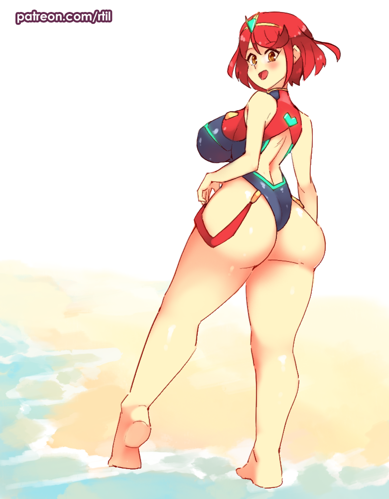 1girl :d ass backless_swimsuit bare_arms bare_back bare_legs bare_shoulders barefoot beach breasts brown_eyes commentary english_commentary from_behind full_body large_breasts looking_at_viewer looking_back multicolored multicolored_clothes multicolored_swimsuit one-piece_swimsuit open_mouth pyra_(xenoblade) redhead rtil short_hair smile solo standing swimsuit tiara xenoblade_chronicles_(series) xenoblade_chronicles_2