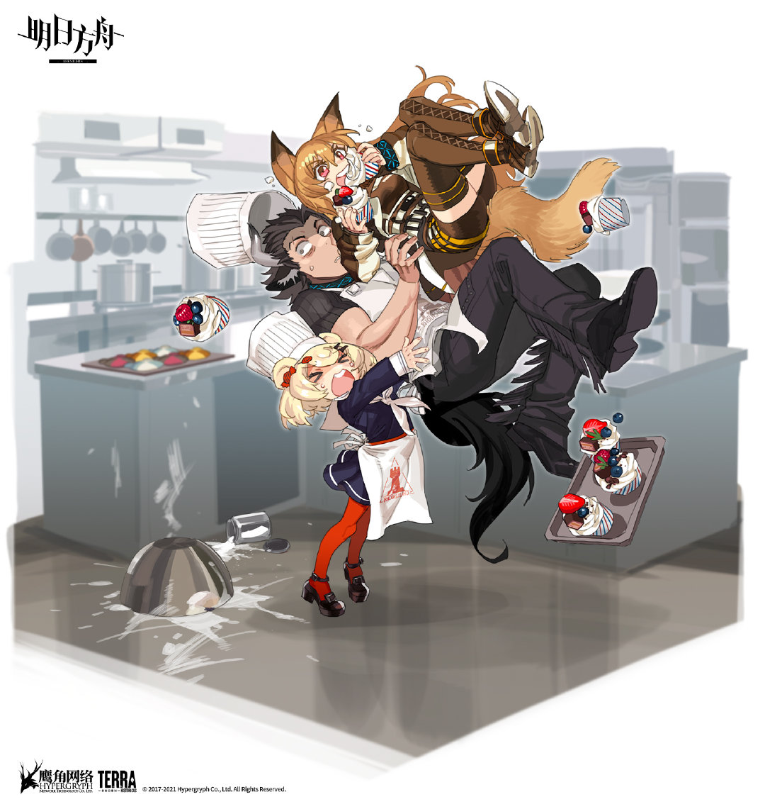 1boy 2girls animal_ears arknights blonde_hair cake ceobe_(arknights) chef_hat cream cream_on_face food food_on_face gummy_(arknights) hair_ornament hat horns matterhorn_(arknights) multiple_girls official_art red_eyes tail