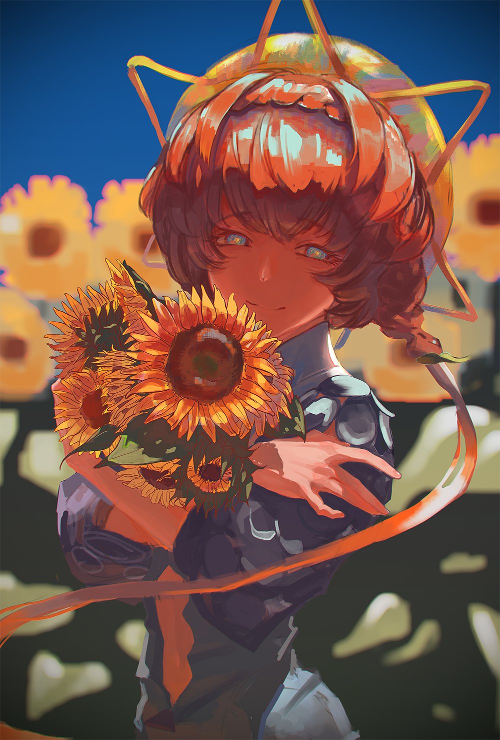 1girl bangs blue_eyes braid dress eyebrows_visible_through_hair fate/grand_order fate_(series) flower hair_ornament highres holding holding_flower long_hair looking_at_viewer object_hug orange_hair ponytail shiny shiny_hair short_hair sky smile solo sunflower uaaaou upper_body van_gogh_(fate)