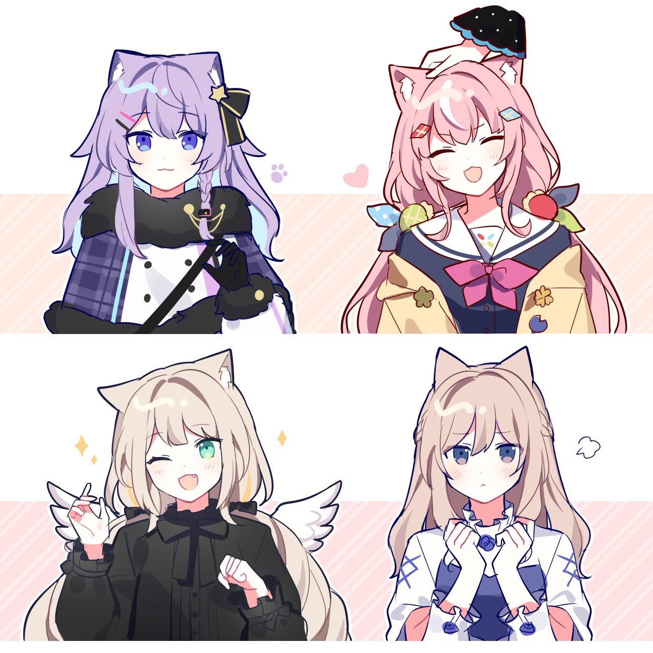 4girls :3 ^_^ animal_ears black_gloves blonde_hair blue_eyes blue_hair capelet cat_ears chae_ara clenched_hands closed_eyes colored_inner_hair eyebrows_visible_through_hair fang fur_trim gloves green_eyes head_tilt headpat highres kemonomimi_mode long_hair multicolored_hair multiple_girls nijisanji nijisanji_kr nun_bora one_eye_closed open_mouth pink_hair purple_hair ryu_hari smile so_nagi sparkle virtual_youtuber waka_(wk4444) wings yang_nari