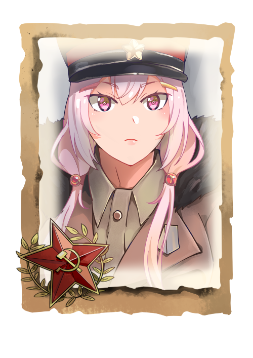 1girl bangs closed_mouth company_of_heroes hair_between_eyes hair_ornament hairpin hat long_hair military military_coat military_hat military_uniform original pink_eyes pink_hair portrait solo soviet soviet_army twintails uniform world_war_ii zhainan_s-jun