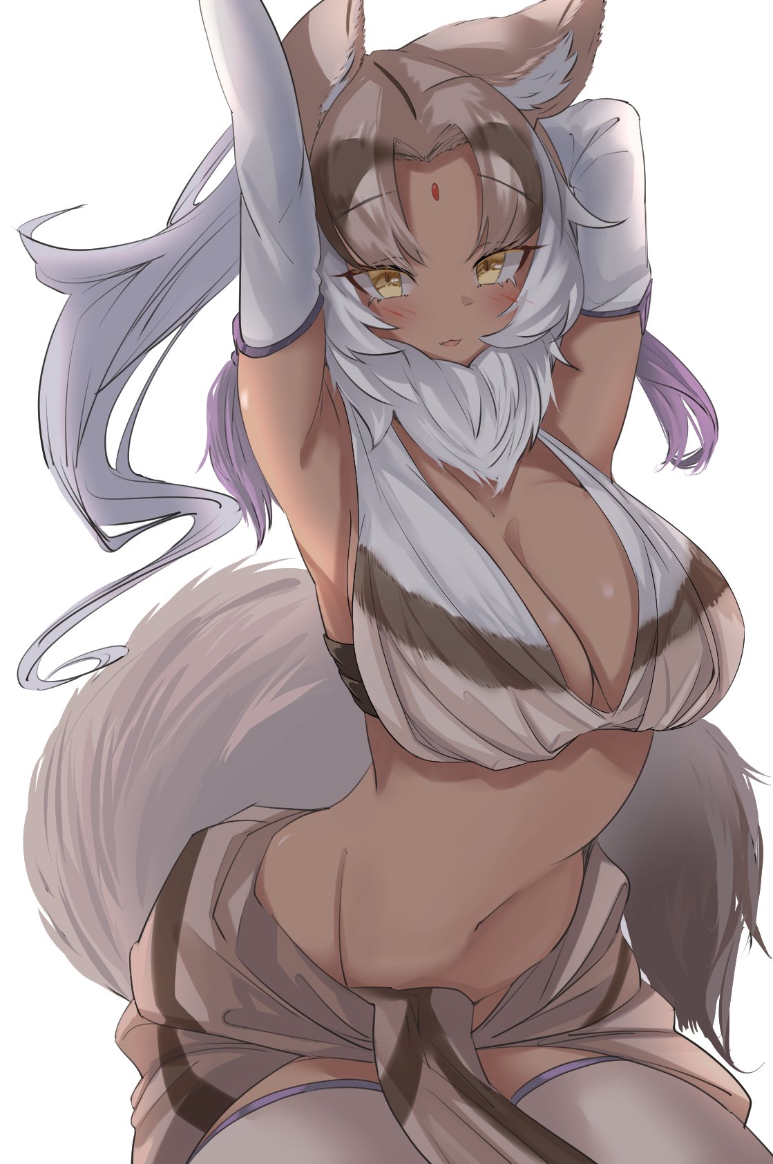 1girl animal_ears arm_behind_head armpits arms_up breasts brown_hair buchibussei cowboy_shot dark-skinned_female dark_skin elbow_gloves eyebrows_visible_through_hair facial_mark forehead_mark fur_collar gloves highres indian_wolf_(kemono_friends) kemono_friends large_breasts leaning_forward light_smile long_hair looking_at_viewer multicolored_hair navel outstretched_arm parted_lips purple_hair solo stomach stretch tail thigh-highs white_hair wolf_ears wolf_girl wolf_tail yellow_eyes