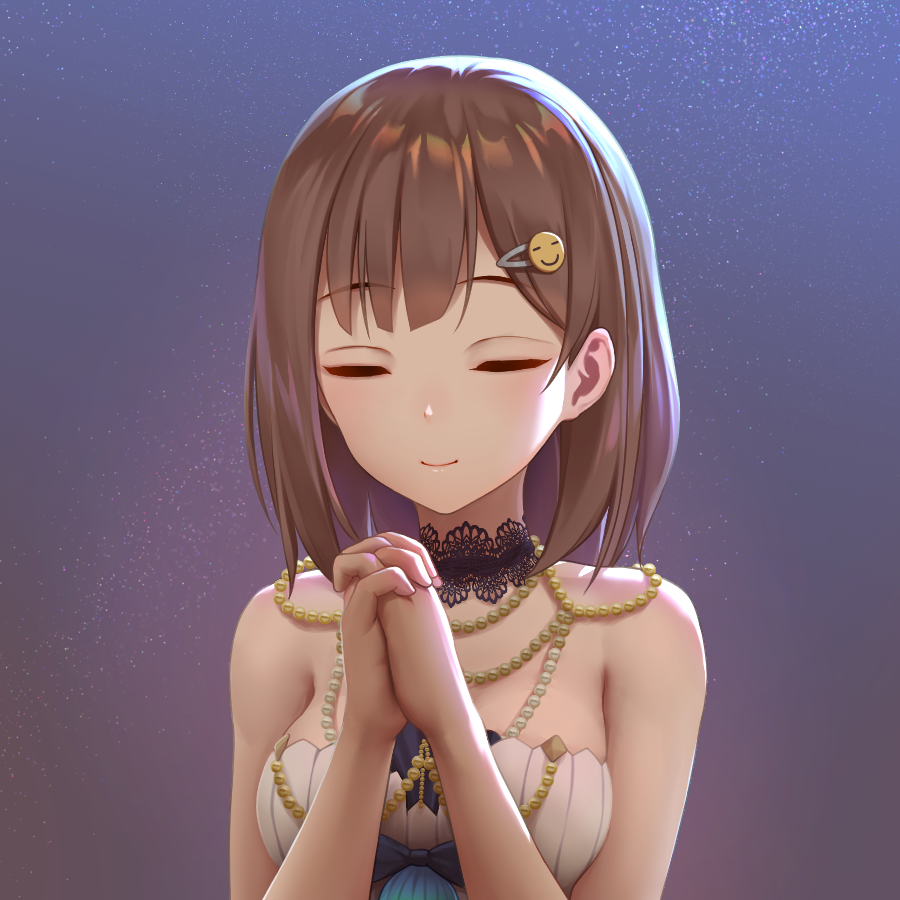 1girl artist_request blue_bow bow brown_hair choker clenched_hands closed_eyes commission dress emoji eyebrows_visible_through_hair hair_ornament hairpin hands_clasped interlocked_fingers jewelry lace lace_choker nanami_(virtuareal) necklace nijisanji own_hands_together pearl_(gemstone) pearl_necklace praying purple_background simple_background strapless strapless_dress translation_request upper_body virtuareal