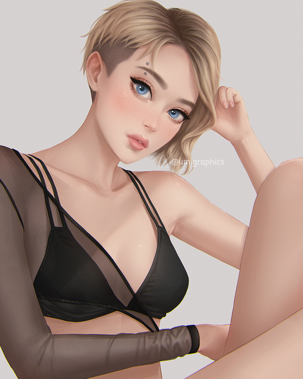 1girl asymmetrical_clothes black_bra blonde_hair blue_eyes bra breasts eyebrow_piercing grey_background gwen_stacy highres lips looking_at_viewer piercing see-through short_hair sidecut small_breasts solo spider-man:_into_the_spider-verse spider-man_(series) umigraphics underwear