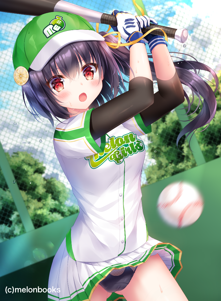 1girl arms_up bangs baseball baseball_bat baseball_cap baseball_uniform black_hair black_panties blurry blurry_background blush breasts chain-link_fence commentary_request day depth_of_field eyebrows_visible_through_hair fence green_headwear hair_between_eyes hat holding holding_baseball_bat kohinata_hoshimi layered_sleeves long_hair long_sleeves melonbooks metal_baseball_bat motion_blur official_art one_side_up open_mouth outdoors panties pleated_skirt red_eyes shirt short_over_long_sleeves short_sleeves skirt small_breasts solo sportswear two-handed underwear white_shirt white_skirt