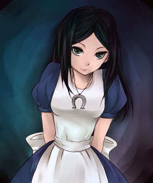 1girl alice:_madness_returns alice_(alice_in_wonderland) american_mcgee's_alice apron black_hair breasts closed_mouth dress green_eyes jewelry jupiter_symbol long_hair looking_at_viewer necklace puffy_sleeves short_sleeves simple_background smile solo yukiirokumokakusi
