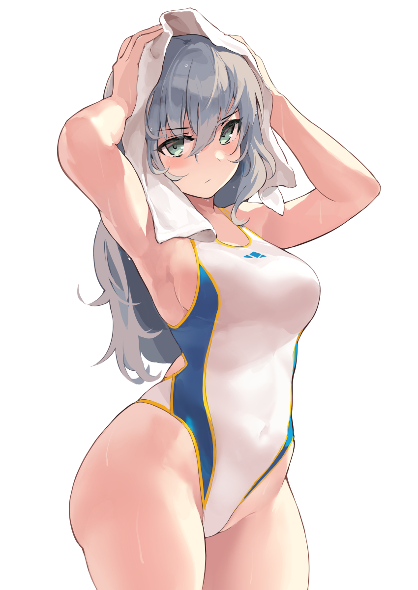 1girl armpits arms_up bangs bare_shoulders blue_swimsuit blush breasts collarbone competition_swimsuit duplicate green_eyes grey_hair highleg highleg_swimsuit highres kekemotsu long_hair looking_at_viewer medium_breasts one-piece_swimsuit original pixel-perfect_duplicate sideboob solo swimsuit thighs towel wet white_swimsuit