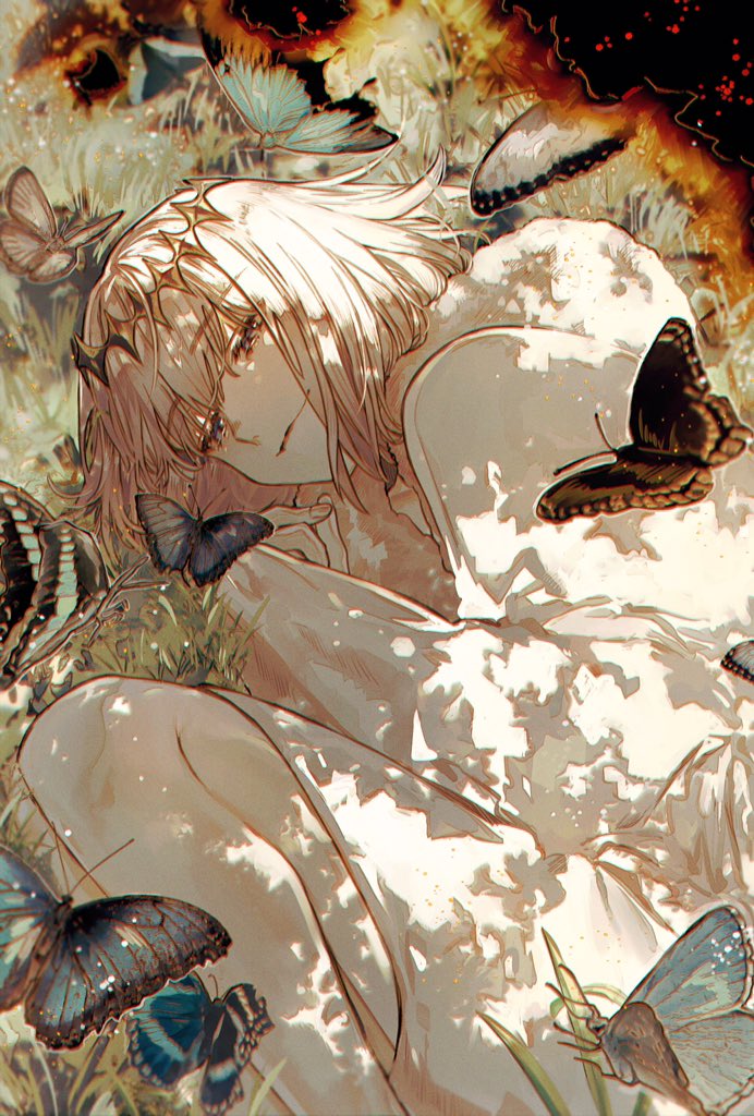 1boy albino_(a1b1n0623) bangs blue_eyes blunt_bangs bug burning butterfly cape circlet closed_mouth commentary dappled_sunlight embers eyebrows_visible_through_hair fate/grand_order fate_(series) fetal_position fur-trimmed_cape fur_trim half-closed_eyes insect lying male_focus oberon_(fate) on_side short_hair solo sunlight white_cape white_hair