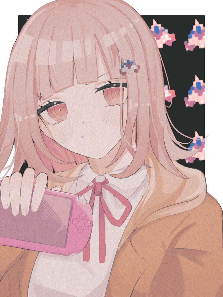 1girl bangs blunt_bangs blush brown_eyes brown_jacket collared_shirt commentary_request dangan_ronpa_(series) dangan_ronpa_3_(anime) frown hair_ornament handheld_game_console holding holding_handheld_game_console hope's_peak_academy_school_uniform jacket light_brown_hair long_sleeves looking_at_viewer nanami_chiaki neck_ribbon open_clothes open_jacket playstation_portable red_ribbon ribbon school_uniform seunohala shirt solo spaceship_hair_ornament upper_body white_shirt