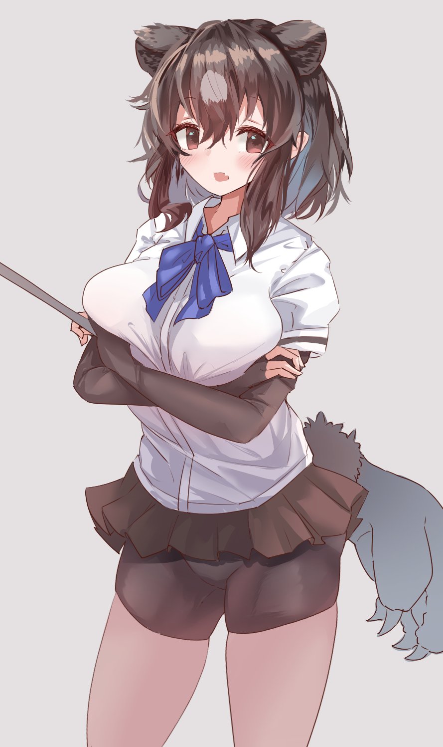 1girl animal_ears arms_under_breasts bangs bear_ears bear_girl bear_paw_hammer bear_tail black_hair bodystocking bow bowtie breasts brown_bear_(kemono_friends) brown_eyes buchibussei crossed_arms extra_ears grey_hair hair_between_eyes highres holding holding_weapon kemono_friends large_breasts layered_sleeves long_sleeves looking_at_viewer medium_hair microskirt multicolored_hair open_mouth shirt short_over_long_sleeves short_sleeves sidelocks skindentation skirt solo tail two-tone_hair unaligned_breasts weapon