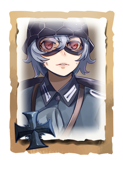 1girl bangs company_of_heroes dirty dirty_face german_army goggles goggles_on_head grey_hair hair_between_eyes hat helmet military military_hat military_uniform open_mouth original portrait red_eyes short_hair solo teeth uniform world_war_ii zhainan_s-jun