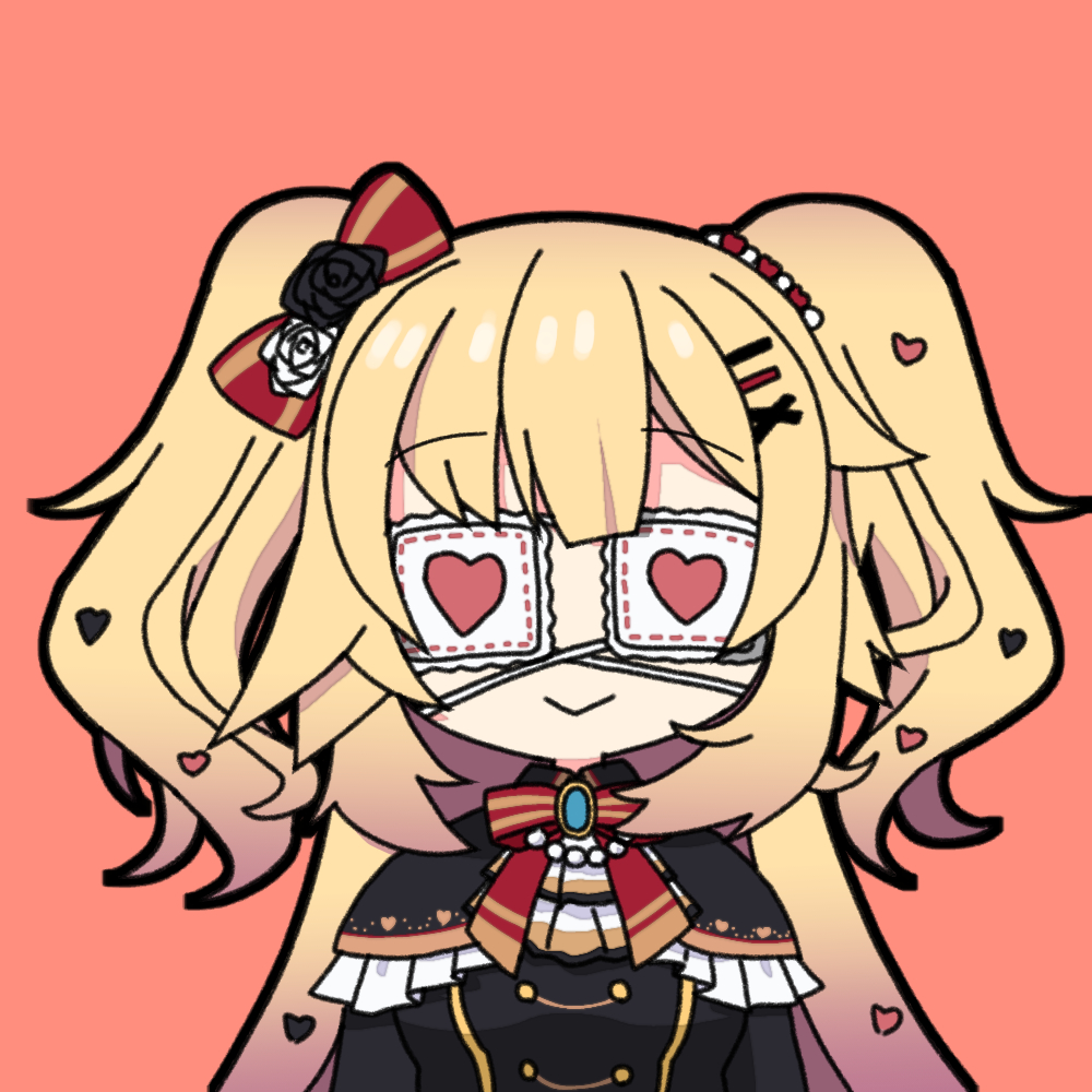 1girl :&gt; akai_haato bangs black_outline blonde_hair bow bowtie check_commentary chibi commentary_request covered_eyes eyebrows_visible_through_hair eyepatch flower frills hair_bow hair_flower hair_ornament hairclip heart heart_hair_ornament hololive honmirin jewelry long_hair medical_eyepatch outline red_background simple_background smile virtual_youtuber