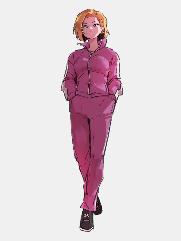 1girl android_18 arms_at_sides beige_background black_footwear blonde_hair blue_eyes closed_mouth crossed_ankles dot_nose dragon_ball dragon_ball_super dragon_ball_z full_body hands_in_pockets high_collar jacket kemachiku looking_at_viewer looking_down pants pink_jacket pink_pants serious shoes short_hair sidelighting simple_background sneakers solo standing straight_hair track_jacket track_pants tsurime zipper