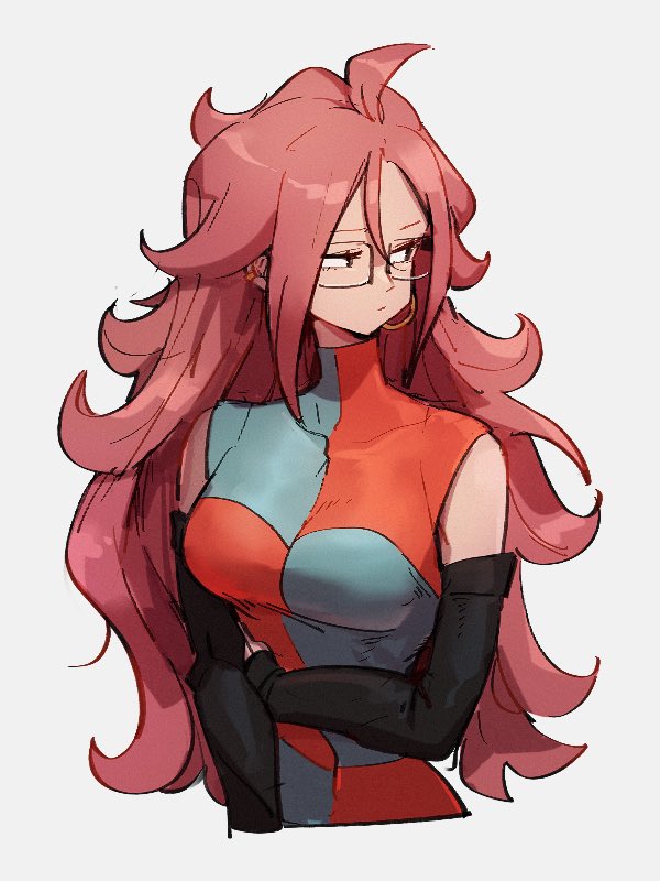 1girl android_21 breasts checkered checkered_dress dragon_ball dragon_ball_fighterz dress earrings glasses grey_background hair_between_eyes hoop_earrings jewelry kemachiku long_hair looking_at_viewer looking_to_the_side medium_breasts redhead simple_background solo upper_body