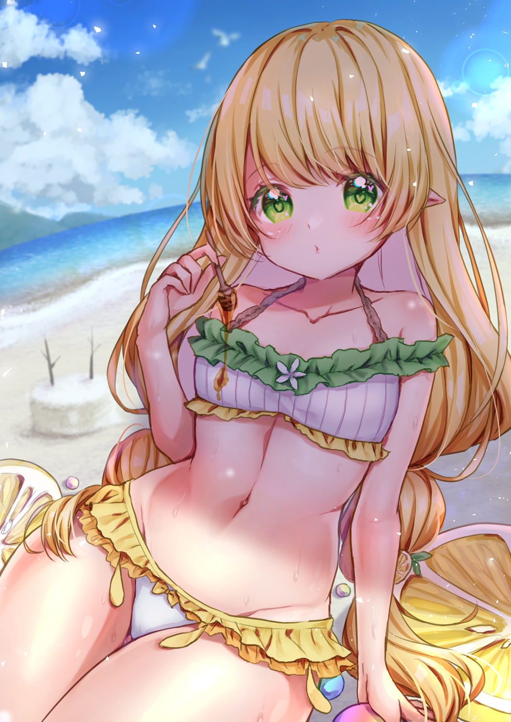 1girl bangs bare_shoulders bikini blonde_hair blush breasts clip_studio_paint_(medium) closed_mouth commentary_request copyright_request day eyebrows_visible_through_hair frilled_bikini frills green_eyes groin hand_up heart heart-shaped_pupils highres holding horizon long_hair looking_at_viewer navel ocean outdoors pointy_ears sawa_(sawasaku) small_breasts solo summer swimsuit symbol-shaped_pupils very_long_hair virtual_youtuber water white_bikini