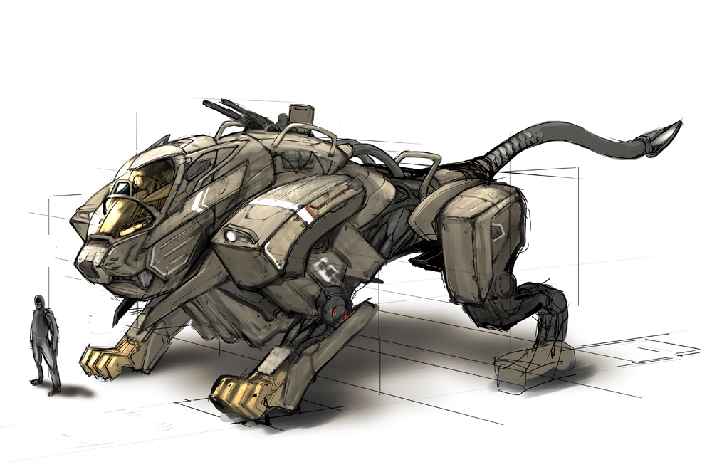 1other canopy ishiwata_makoto mecha mechanical_tail original science_fiction size_comparison sketch solo_focus standing tail yellow_eyes zoids