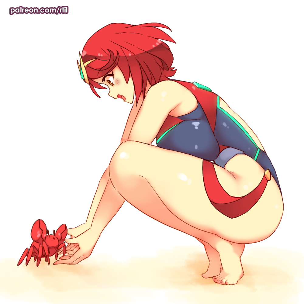 1girl backless_swimsuit bare_arms bare_legs bare_shoulders barefoot breast_press breasts brown_eyes commentary crab english_commentary from_side full_body large_breasts looking_away multicolored multicolored_clothes multicolored_swimsuit one-piece_swimsuit open_mouth profile pyra_(xenoblade) redhead rtil short_hair simple_background solo squatting swimsuit tiara tiptoes white_background xenoblade_chronicles_(series) xenoblade_chronicles_2