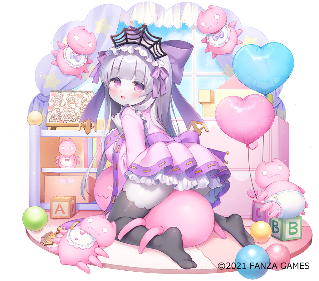 1girl :d ass balloon bangs black_legwear bow breasts building_block character_request commentary_request curtains day dress eyebrows_visible_through_hair from_behind fruits_fulcute! grey_hair hair_bow hand_up heart_balloon long_hair long_sleeves looking_at_viewer looking_back medium_breasts no_shoes official_art open_mouth pantyhose pink_dress pleated_dress purple_bow ribbon-trimmed_dress simple_background smile soles solo thick_eyebrows usashiro_mani very_long_hair violet_eyes watermark white_background wide_sleeves window