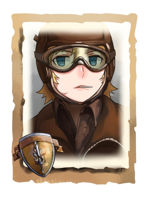 1girl bangs blonde_hair blue_eyes candy closed_mouth company_of_heroes food food_in_mouth goggles hair_between_eyes hat lollipop military military_hat military_uniform original pilot pilot_helmet pilot_suit portrait solo uniform united_states_air_force world_war_ii zhainan_s-jun