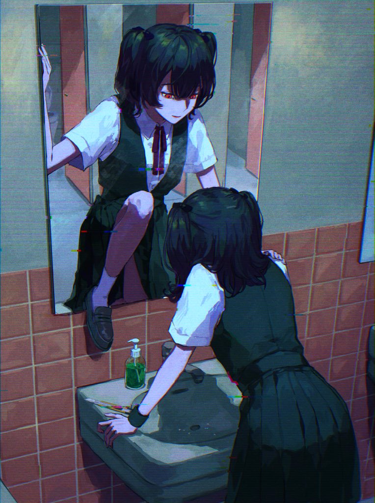 2girls ass back black_hair boxcutter dual_persona loafers mirror multiple_girls nashiko_(nanaju_ko) original pleated_skirt red_eyes restroom school_uniform shoes sink skirt smile soap_bottle socks twintails vest white_legwear