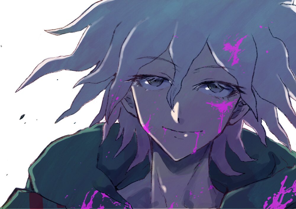 1boy bangs blood blood_on_face close-up closed_mouth commentary_request dangan_ronpa_(series) dangan_ronpa_2:_goodbye_despair face green_jacket hair_between_eyes hood hooded_jacket jacket komaeda_nagito looking_at_viewer male_focus pink_blood portrait short_hair signature simple_background smile solo tsunemi_aosa white_background