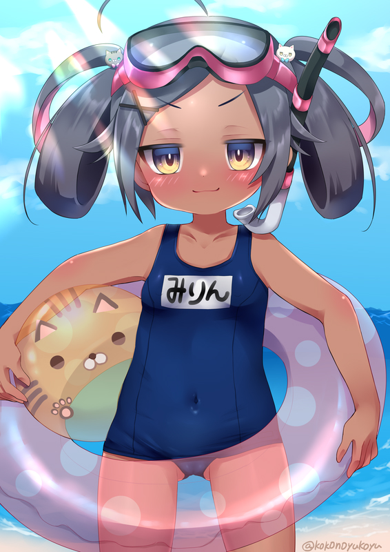 1girl ahoge ball bangs bare_arms bare_shoulders beachball black_hair blue_swimsuit blush breasts brown_eyes carrying_under_arm closed_mouth collarbone commentary_request covered_navel day diving_mask diving_mask_on_head eyebrows_visible_through_hair goggles goggles_on_head hair_ornament hair_rings hairclip horizon innertube looking_at_viewer name_tag nanopai_kakumeikokonoyu ocean old_school_swimsuit one-piece_swimsuit original outdoors school_swimsuit small_breasts smile snorkel solo swept_bangs swimsuit tan transparent twintails twitter_username v-shaped_eyebrows water x_hair_ornament