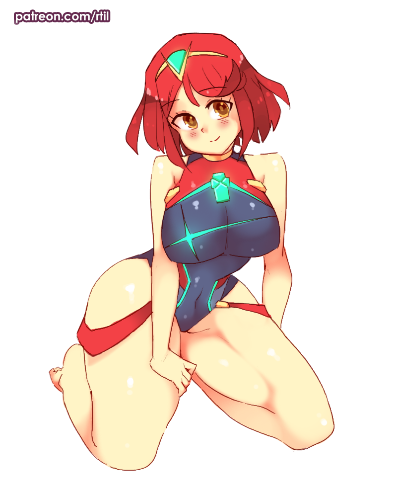 1girl bare_arms bare_legs bare_shoulders barefoot blush breasts brown_eyes commentary covered_navel english_commentary eyebrows_visible_through_hair full_body hand_on_own_thigh large_breasts looking_at_viewer multicolored multicolored_clothes multicolored_swimsuit one-piece_swimsuit pyra_(xenoblade) redhead rtil short_hair simple_background sitting smile solo swimsuit thick_thighs thighs tiara white_background xenoblade_chronicles_(series) xenoblade_chronicles_2