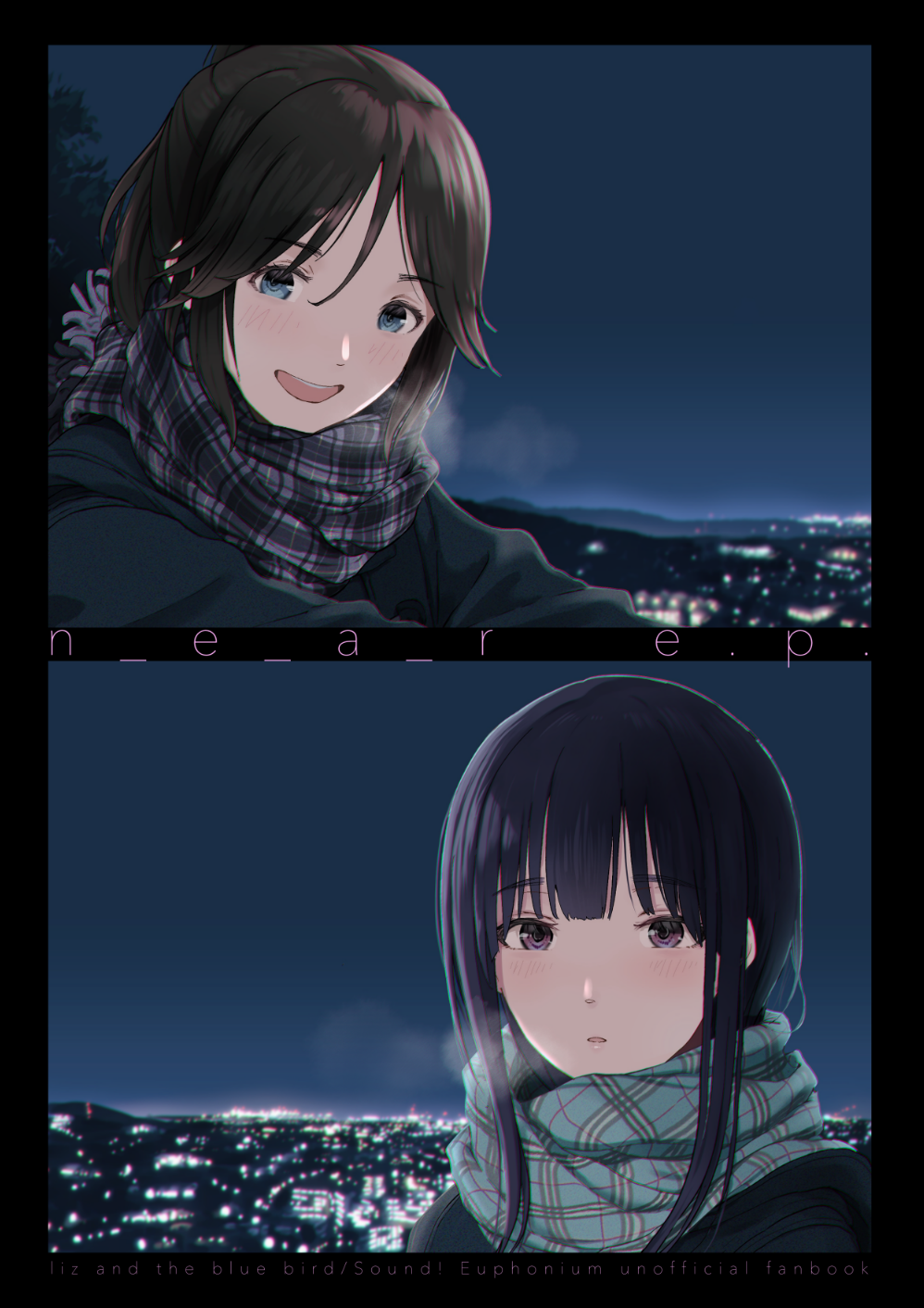2girls bangs black_hair blue_eyes blue_hair blue_jacket blue_scarf blush city_lights cityscape cover cover_page expressionless green_scarf hasisisissy hibike!_euphonium highres jacket kasaki_nozomi liz_to_aoi_tori long_hair long_sleeves looking_at_another multiple_girls night open_mouth outdoors parted_lips plaid plaid_scarf ponytail red_eyes scarf sitting sky smile yoroizuka_mizore