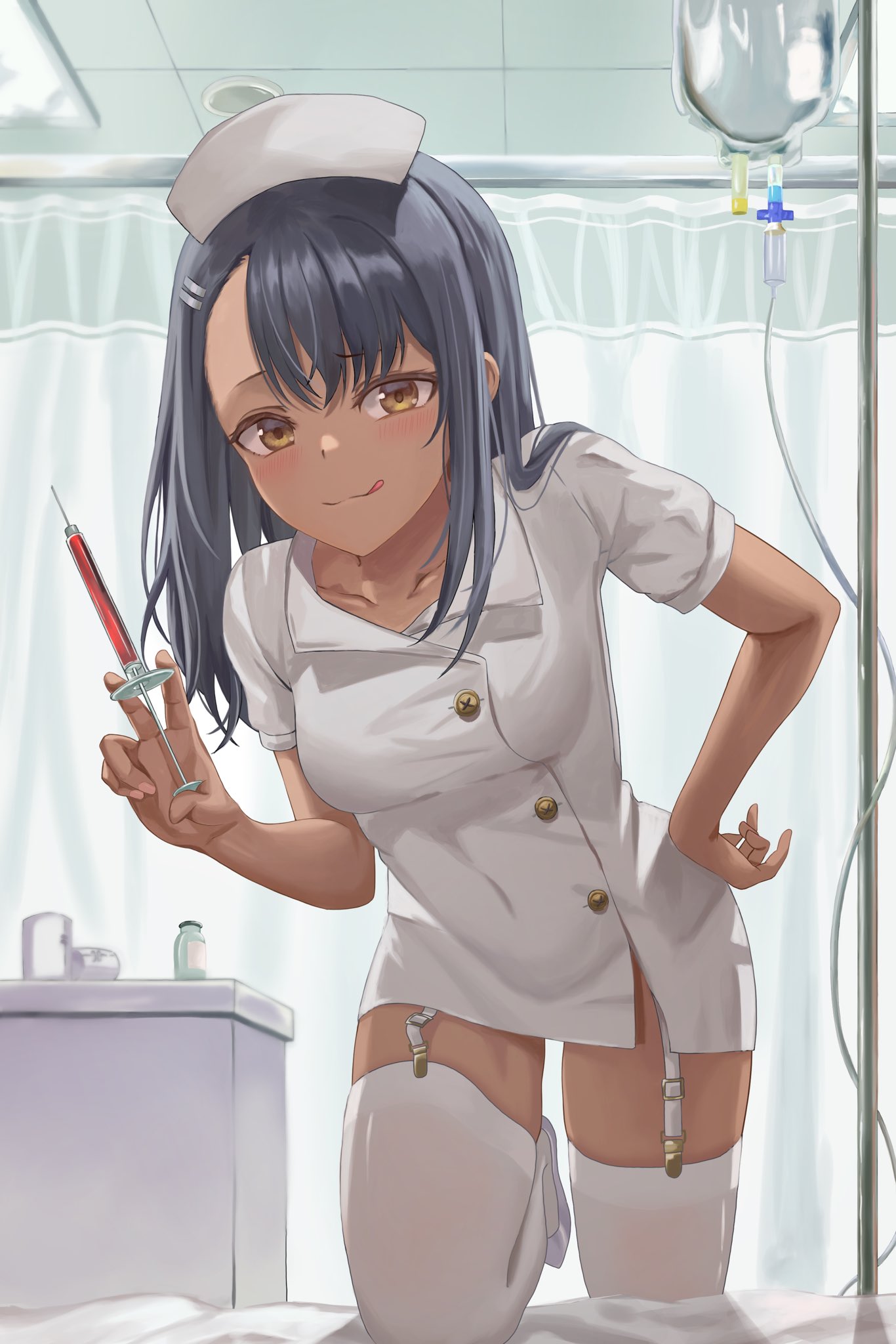 1girl bandages bangs bed bed_sheet black_hair blush brown_eyes collarbone cosplay curtains dark-skinned_female dark_skin dress_shirt ear_clip eyebrows_visible_through_hair garter_straps hair_ornament hairclip hand_on_hip hat highres holding holding_syringe hospital hospital_bed ijiranaide_nagatoro-san knee_up long_hair looking_at_viewer nagatoro_hayase nail_polish nurse nurse_cap shirt short_sleeves solo syringe thigh-highs tongue tongue_out white_legwear white_shirt yj