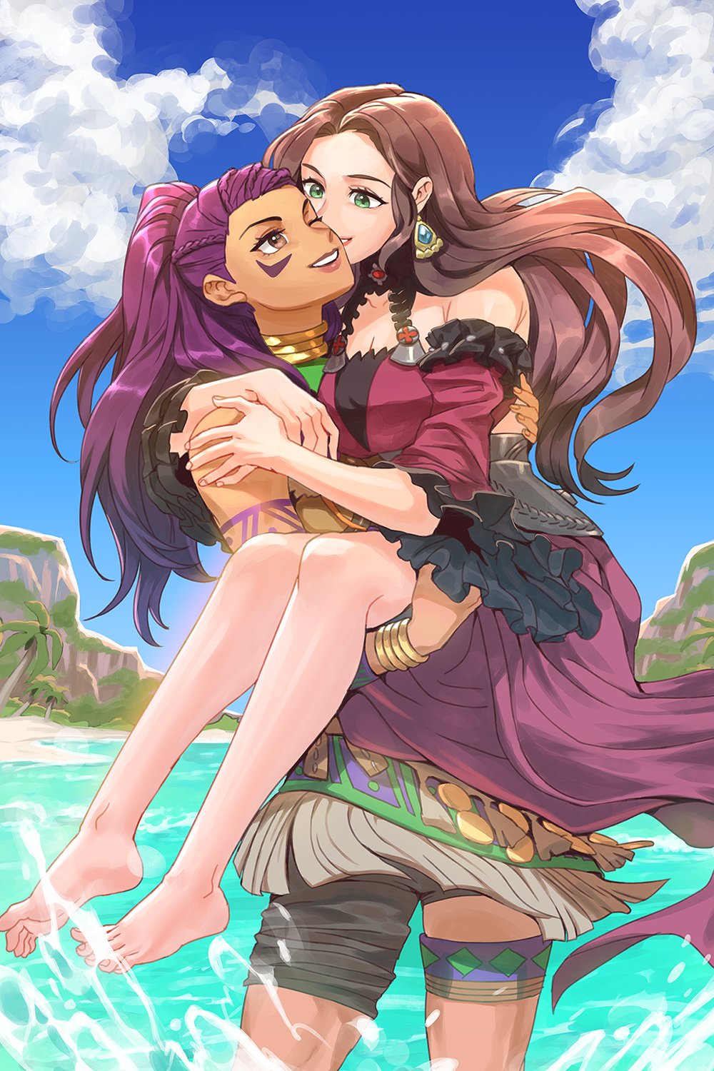 2girls arm_tattoo barefoot beach blue_sky bracelet brown_eyes brown_hair carrying couple dark-skinned_female dark_skin dorothea_arnault facial_tattoo fire_emblem green_eyes highres jewelry looking_at_another multiple_girls neck_ring palm_tree petra_macneary princess_carry purple_hair radiostarkiller sky smile tattoo tree yuri