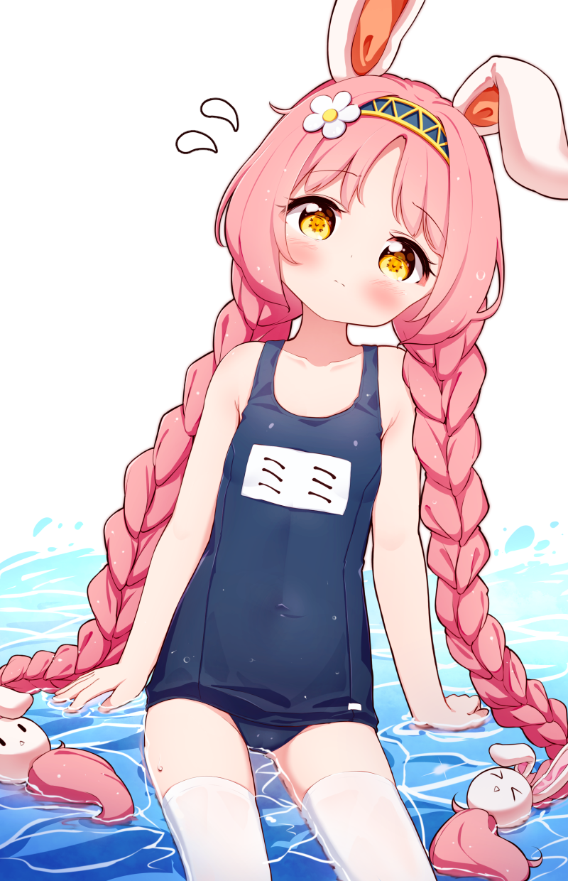 &gt;_&lt; 1girl bare_arms bare_shoulders black_hairband black_swimsuit blush braid brown_eyes bunny_hair_ornament closed_mouth collarbone commentary_request covered_navel estellise_sidos_heurassein flower flying_sweatdrops hair_flower hair_ornament hairband heasil highres long_hair low_twintails mimi_(princess_connect!) old_school_swimsuit one-piece_swimsuit pink_hair princess_connect! rabbit school_swimsuit setmen shallow_water sitting swimsuit thigh-highs twin_braids twintails very_long_hair water white_background white_flower white_legwear