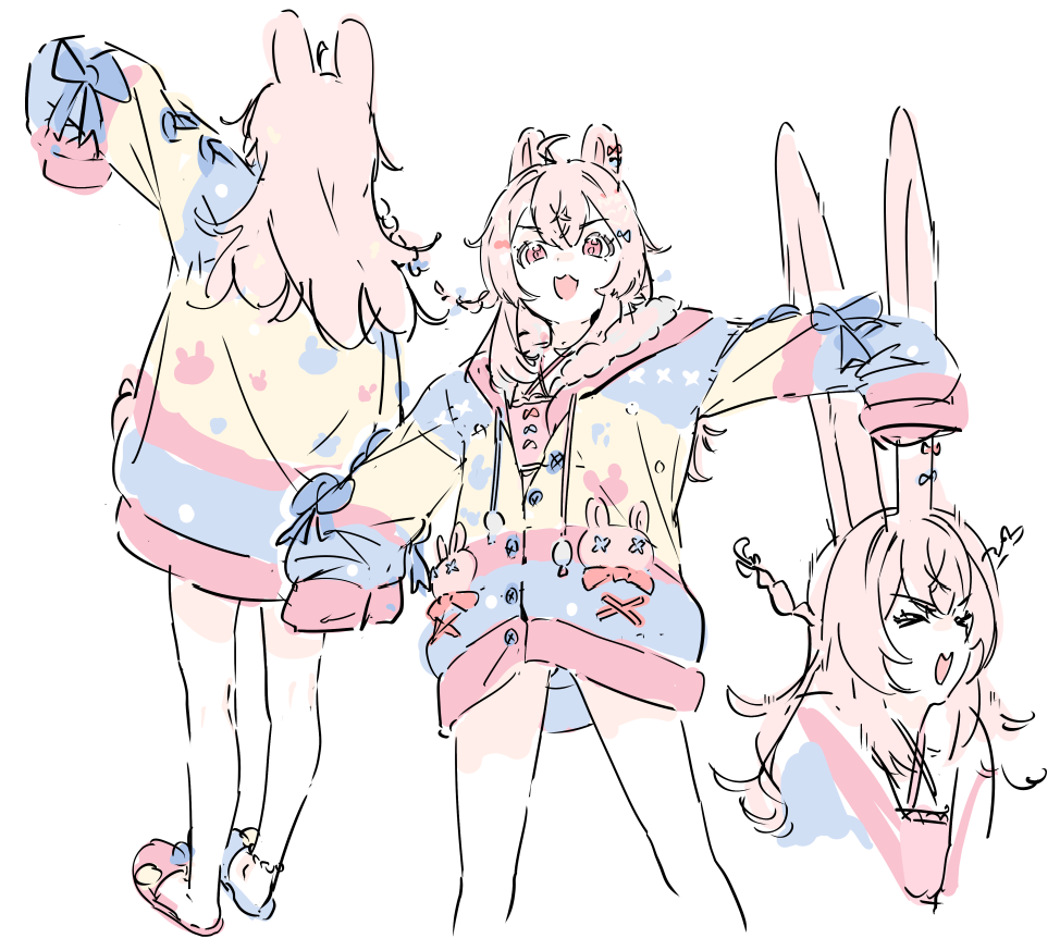 &gt;_&lt; 1girl animal_ears bangs braid drawfag from_behind long_hair multiple_views no_pants phase_connect pink_eyes pink_hair pipkin_pippa rabbit_ears rabbit_girl sketch sleeves_past_fingers sleeves_past_wrists sweater v-shaped_eyebrows virtual_youtuber white_background