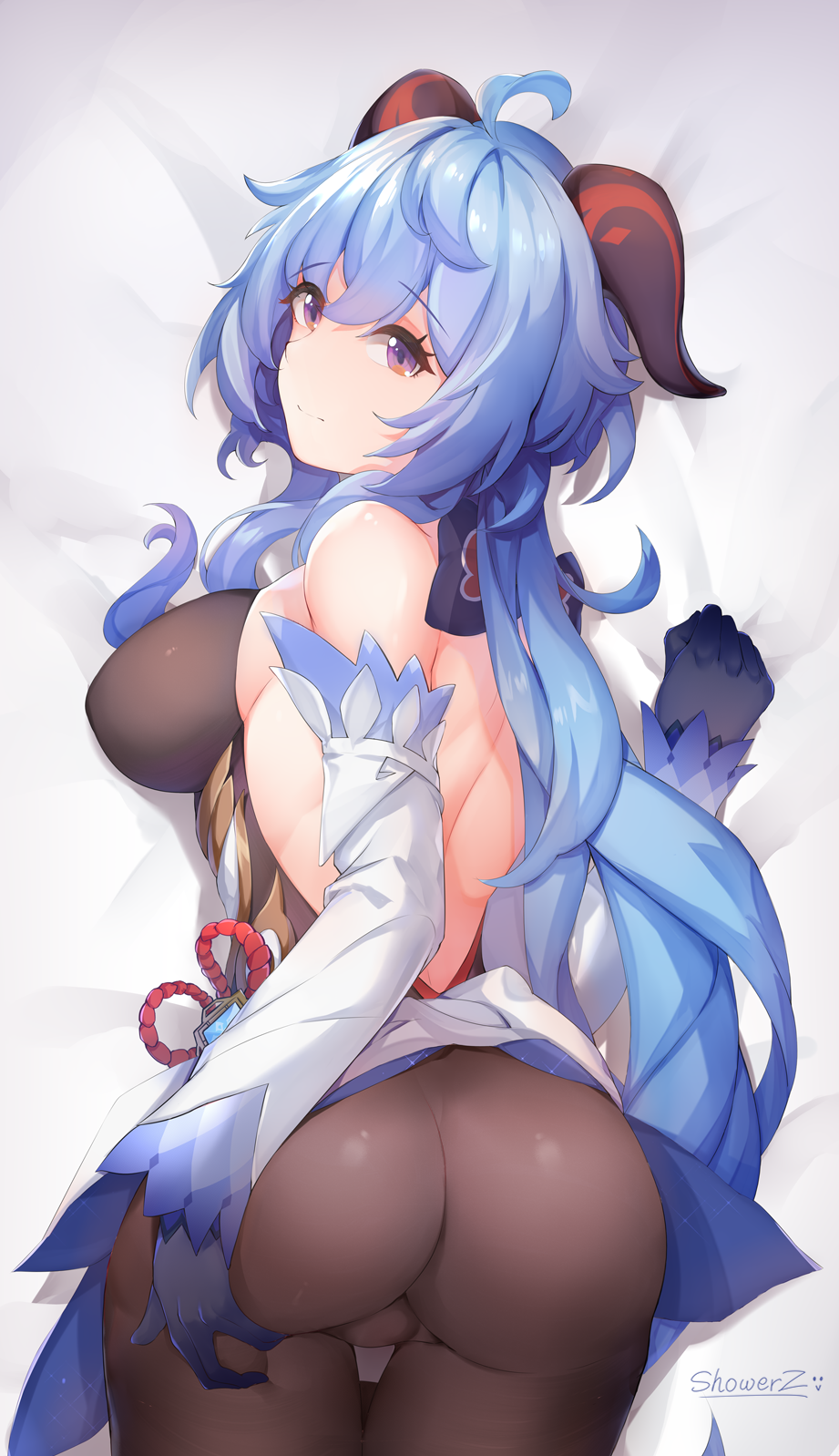 1girl ahoge ass backless_outfit bare_shoulders bed_sheet blue_hair bow breasts from_behind ganyu_(genshin_impact) genshin_impact hair_bow half-closed_eyes highres horns long_sleeves medium_breasts showerz sideboob