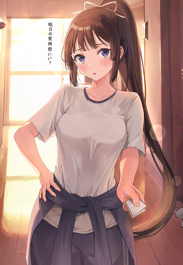 1girl bangs blue_eyes blush breasts brown_hair clothes_around_waist collarbone commentary_request cowboy_shot hair_ornament hair_ribbon hand_on_hip high_ponytail holding indoors kendo_club_president_(rangu) large_breasts long_hair looking_at_viewer open_mouth original ponytail rangu ribbon shirt short_sleeves solo translation_request violet_eyes white_ribbon