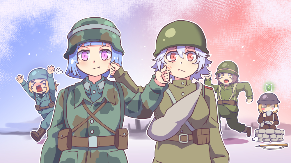 5girls :d :o bangs blonde_hair blue_hair blush british_army brown_hair cheek_pinching closed_eyes closed_mouth company_of_heroes cup drinking german_army gun hair_between_eyes hat helmet holding holding_cup long_sleeves looking_at_another looking_at_viewer looking_back military military_hat military_uniform multiple_girls on_floor open_mouth original outstretched_arms pinching red_eyes rifle sandbag short_hair sitting smile soviet soviet_army tea teacup tears uniform united_states_army violet_eyes weapon world_war_ii zhainan_s-jun