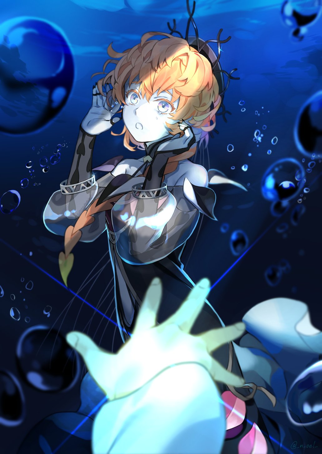 1girl 1other :o bangs bare_shoulders black_headwear black_sleeves braid collarbone dress fate/grand_order fate_(series) grey_eyes hands_up highres jewelry long_hair looking_at_viewer n_oel open_mouth orange_hair pale_skin pov ring see-through_sleeves smile solo_focus twitter_username underwater van_gogh_(fate) water